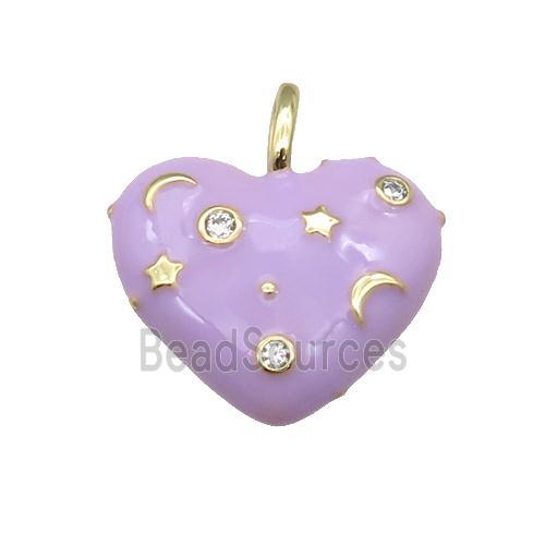 copper Heart pendant with lt.lavender enamel, moon star, gold plated