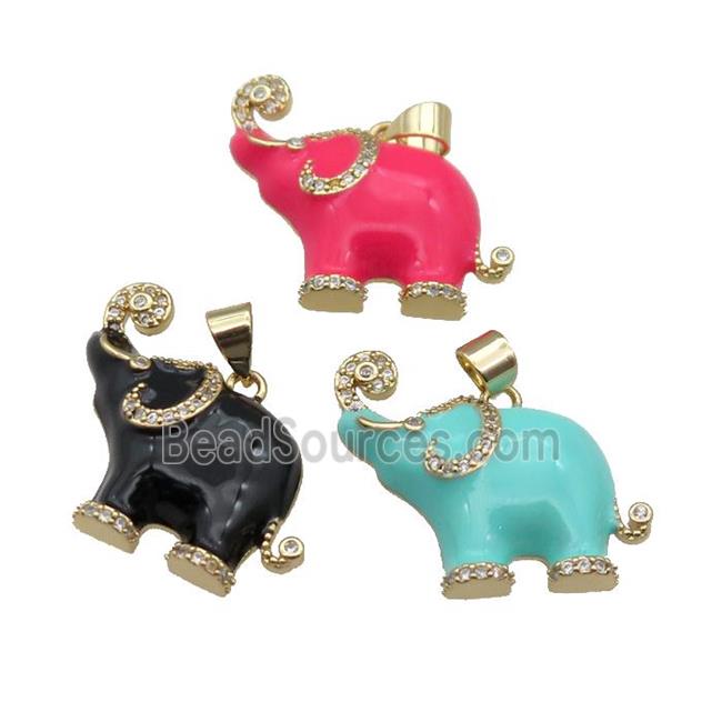 copper Elephant charm pendant paved zircon with enamel, gold plated, mixed