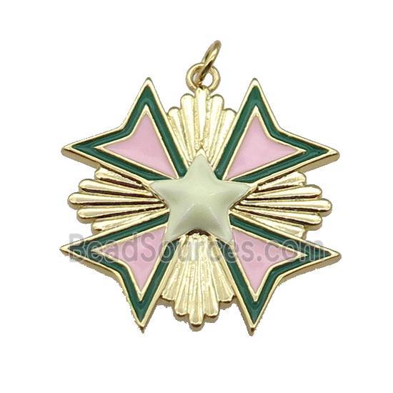 copper Star Medal pendant with pink enamel, gold plated