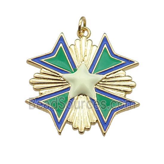 copper Star Medal pendant with green enamel, gold plated