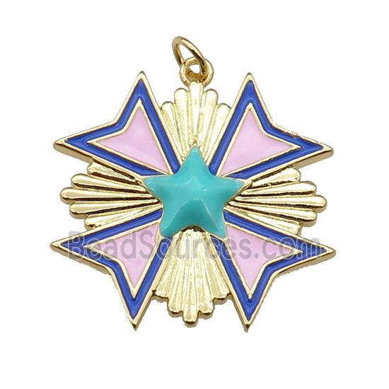 copper Star Medal pendant with pink enamel, gold plated