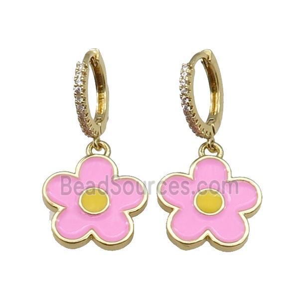 copper Hoop Earring paved zircon, pink enamel daisy flower, gold plated