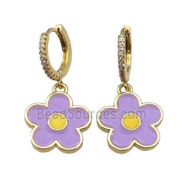 copper Hoop Earring paved zircon, lavender enamel daisy flower, gold plated