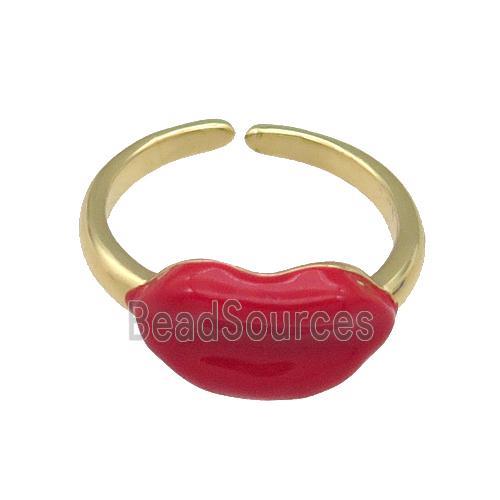 copper Ring with red enamel Lip, gold plated