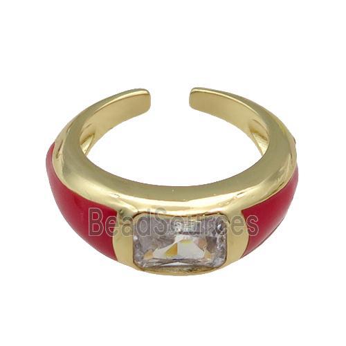 copper Ring paved zircon with red enamel, gold plated