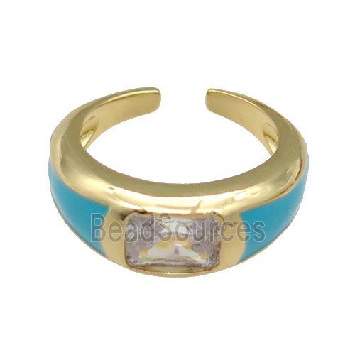 copper Ring paved zircon with teal enamel, gold plated