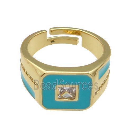 copper Ring paved zircon with teal enamel, gold plated