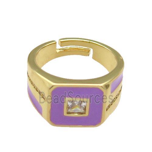 copper Ring paved zircon with lavender enamel, gold plated