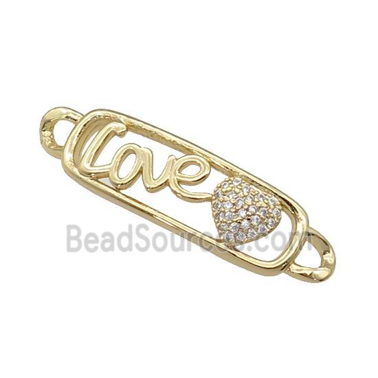 copper Heart connector paved zircon, LOVE, gold plated