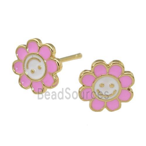 copper emoji Stud Earring with pink enamel, smileface, gold plated