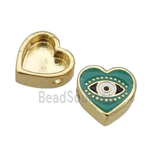 copper Heart beads with green enamel, Evil Eye, gold plated