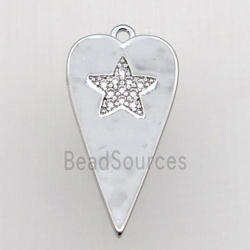 copper heart pendant paved clear zircon, platinum plated