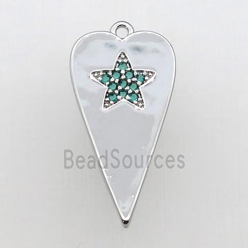 copper heart pendant paved green zircon, platinum plated