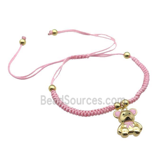 pink nylon bracelet with copper bear, adjustable