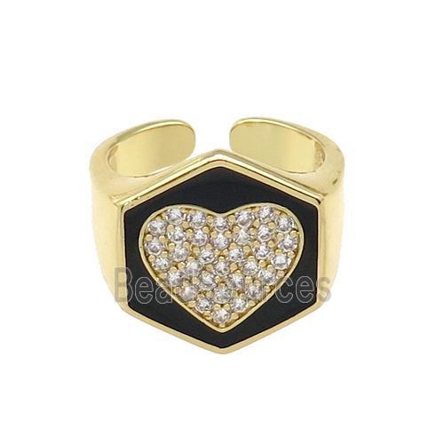 copper Heart Ring paved zircon with black enamel, gold plated