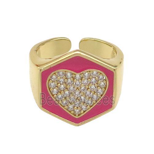 copper Heart Ring paved zircon with hotpink enamel, gold plated