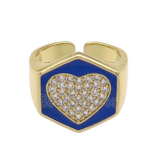 copper Heart Ring paved zircon with blue enamel, gold plated