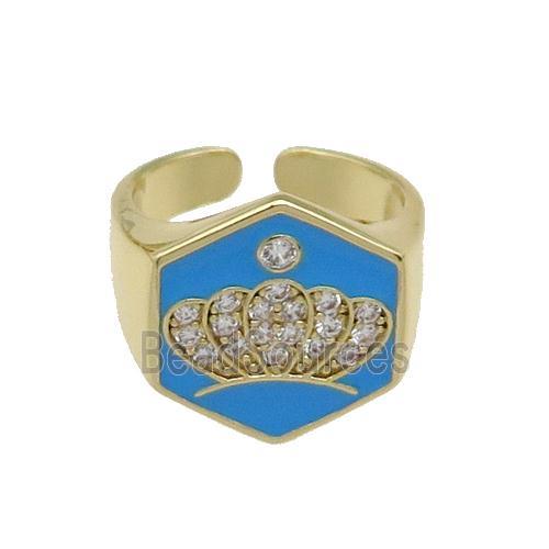 copper Crown Rings paved zircon with blue enamel, gold plated