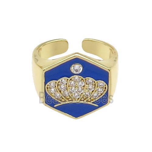 copper Crown Rings paved zircon with blue enamel, gold plated