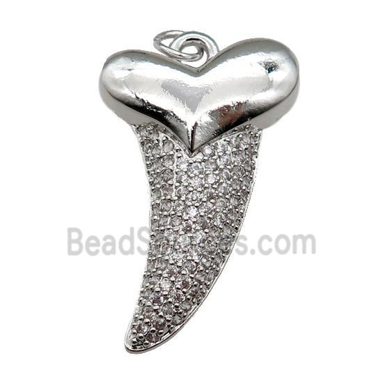 copper sharktooth charm pendant pave zircon, platinum plated