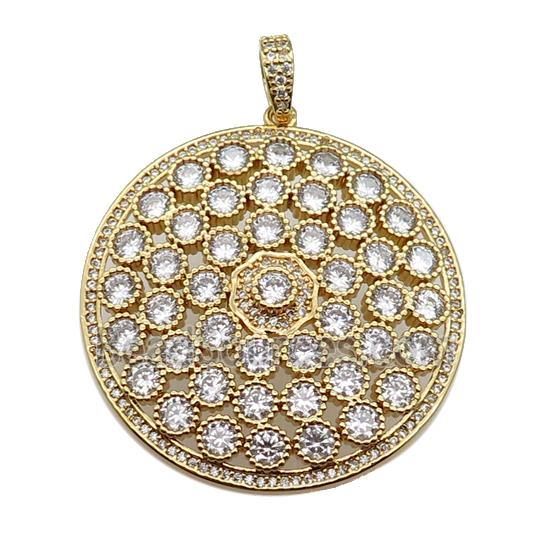 copper circle pendant pave zircon, gold plated