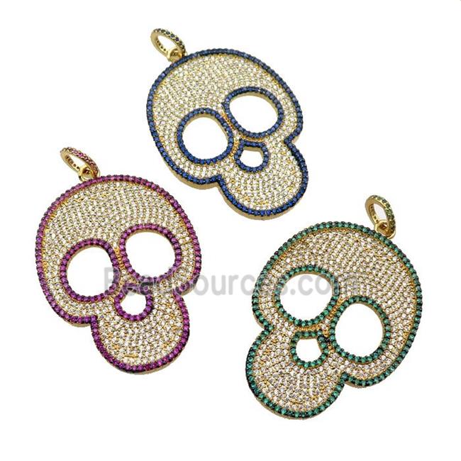 copper Skull charm pendant pave zircon, gold plated, mixed