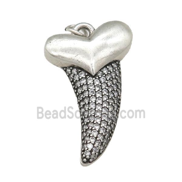 copper sharktooth charm pendant pave zircon, antique silver