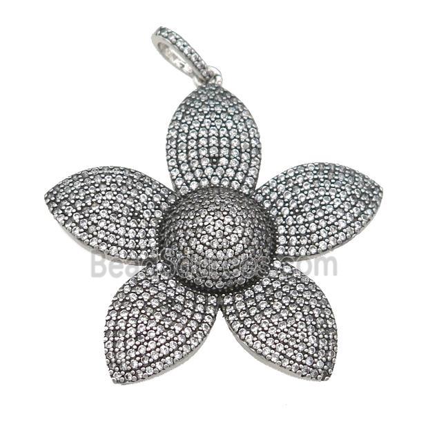 copper Flower pendant pave zircon, antique silver