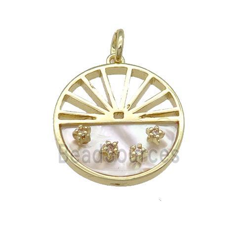 copper circle pendant pave shell, gold plated