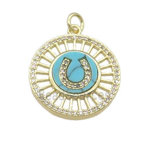 copper circle pendant pave Turquoise, gold plated