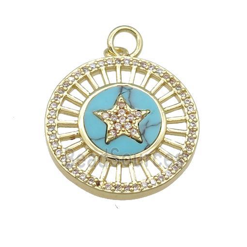 copper circle pendant pave Turquoise, star, gold plated