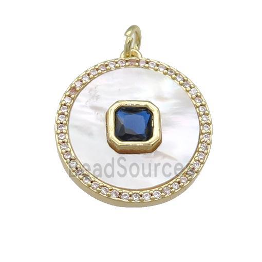 copper circle pendant pave shell, blue zircon, gold plated