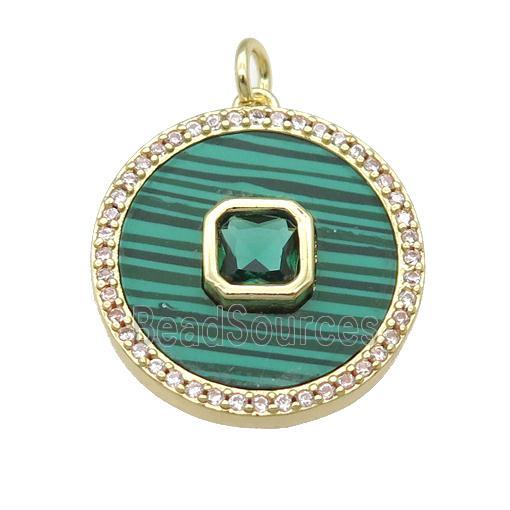 copper circle pendant pave Malachite, green zircon, gold plated