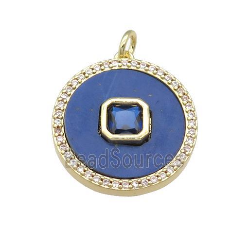 copper circle pendant pave Lapis, blue zircon, gold plated