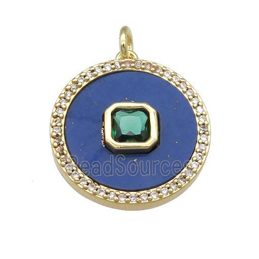 copper circle pendant pave Lapis, green zircon, gold plated