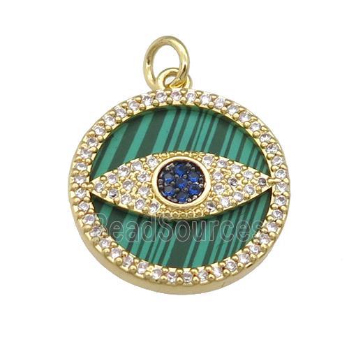 copper circle Eye pendant paved Malachite, zircon, gold plated