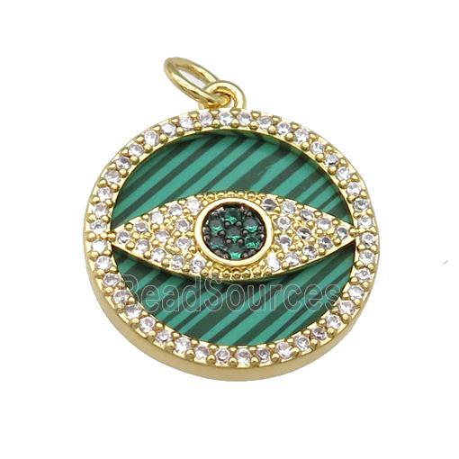 copper circle Eye pendant paved Malachite, zircon, gold plated