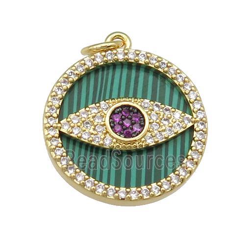 copper circle Eye pendant paved Malachite, zircon, gold plated