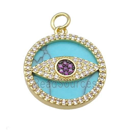 copper circle Eye pendant paved Turquoise, zircon, gold plated