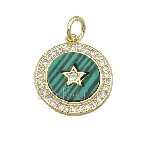 copper circle Star pendant paved Malachite, zircon, gold plated