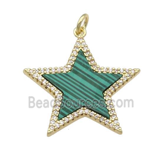 copper Star pendant paved Malachite, zircon, gold plated