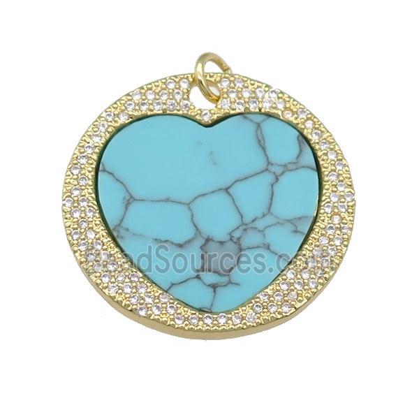 copper circle Heart pendant paved Turquoise, zircon, gold plated