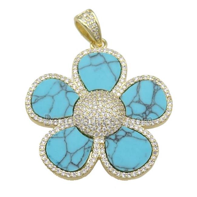 copper Flower pendant paved Turquoise, zircon, gold plated