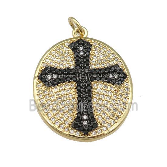 copper oval Cross pendant paved zircon, gold plated