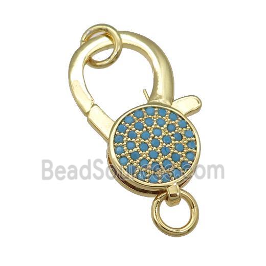 copper Lobster Clasp paved turq zircon, gold plated