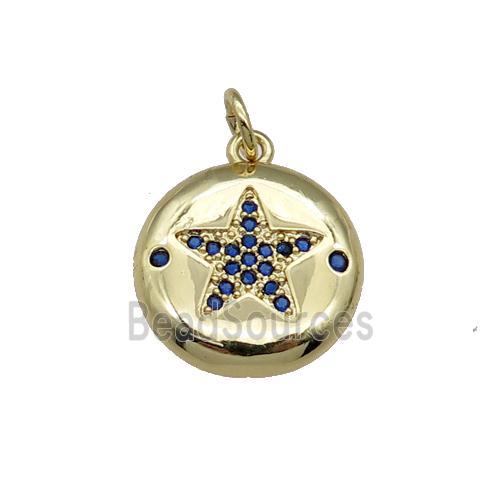 copper circle Star pendant pave blue zircon, gold plated