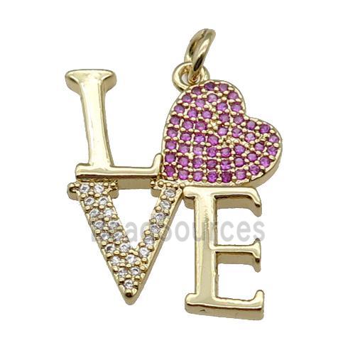 copper LOVE pendant pave zircon, heart, gold plated