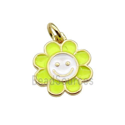 copper sunflower pendant with yellow enamel, happyface, gold plated