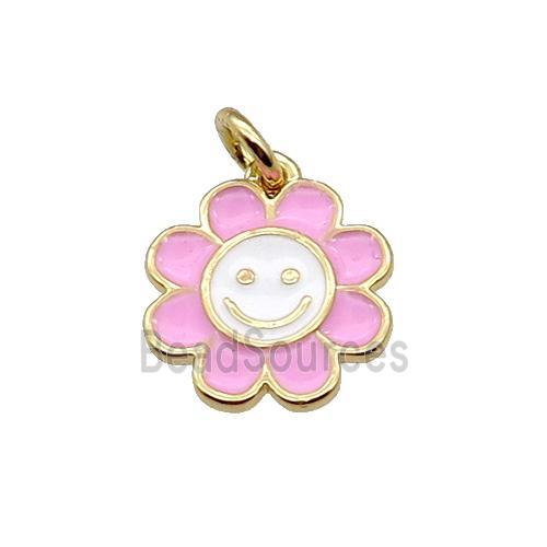 copper sunflower pendant with pink enamel, happyface, gold plated