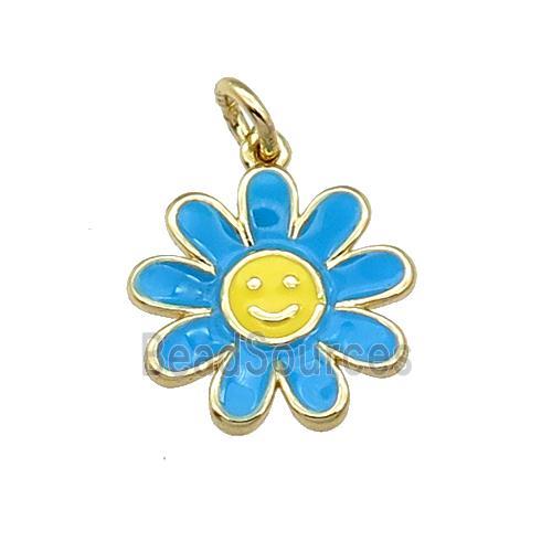 copper daisy flower pendant with blue enamel, happyface, gold plated